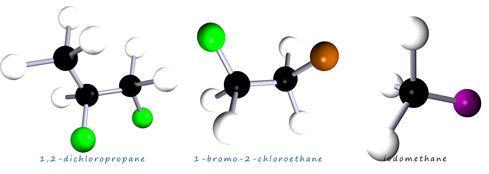 Examples of disubstituted halogenalkane molcules.  3d model and formula all given.